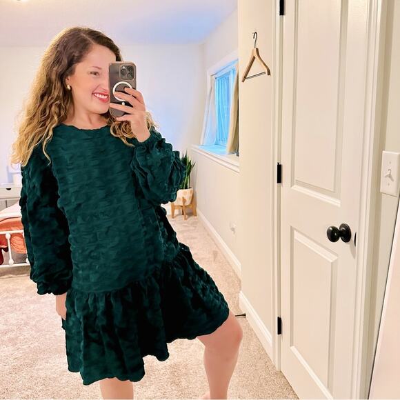 ASOS Green Textured Long Sleeve Mini Dress 6 - Picture 1 of 11